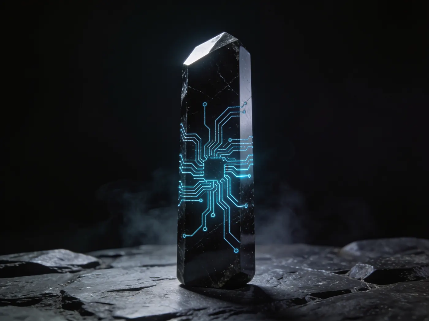 An obsidian monolith engraved with glowing cyan circuitry — symbolising a deep, structured AI visibility audit.