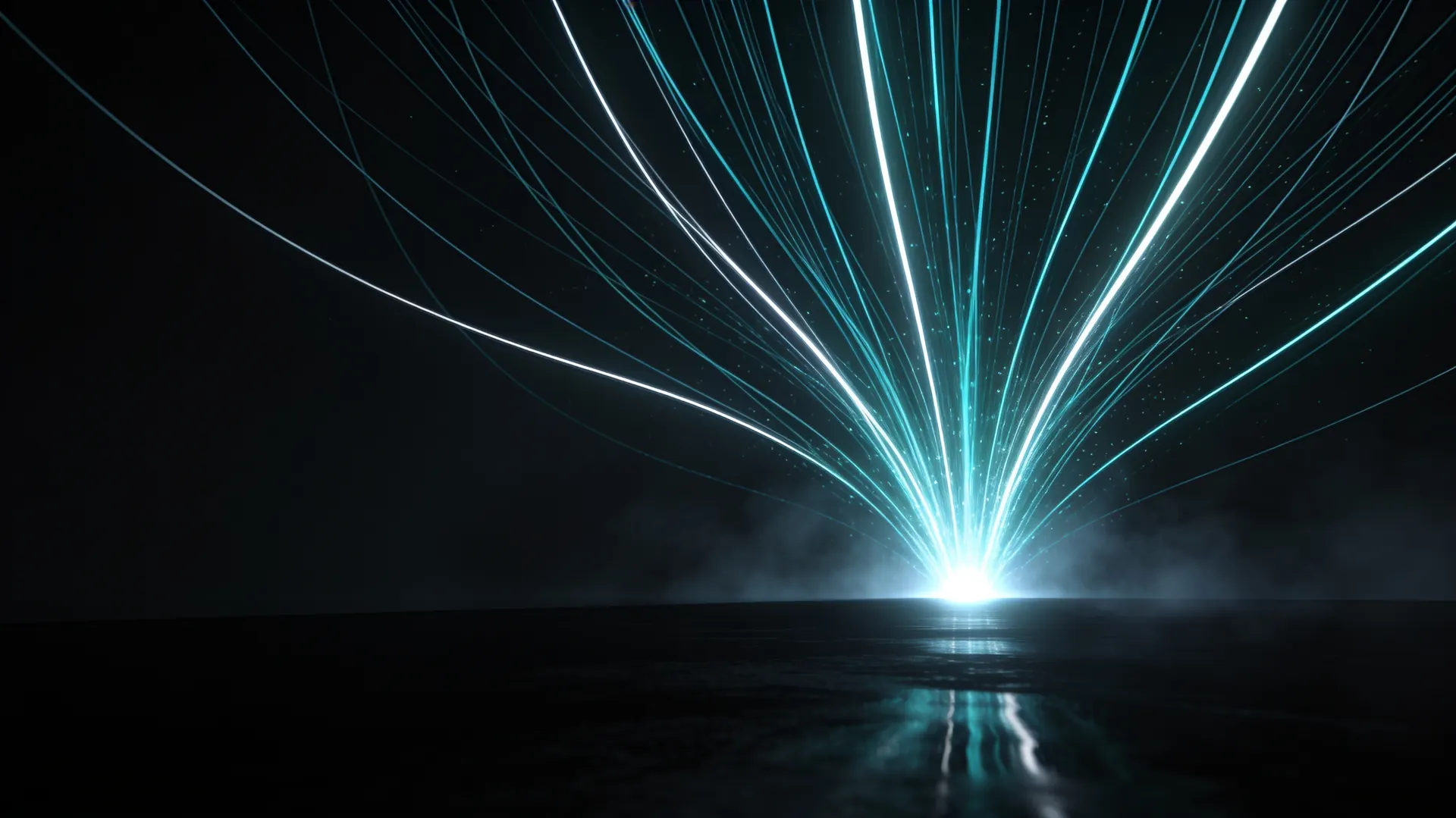 Dozens of cyan light threads from many buyer questions converging into one bright answer point — a metaphor for many questions resolving to a single AI answer.