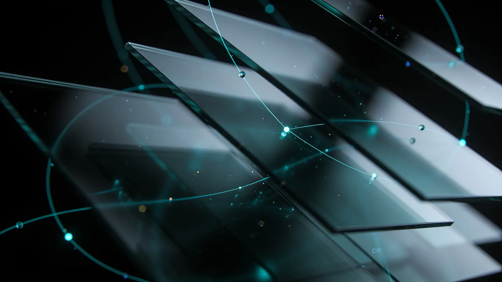Layered dark glass panels with flowing cyan data lines — depicting the measure, fix, prove loop for AI visibility.