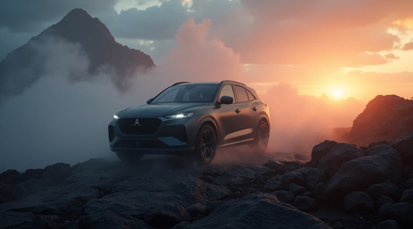 AI key visual SUV di medan bebatuan vulkanik saat senja berkabut dengan matahari terbenam oranye — produksi pipeline AI Mooilux