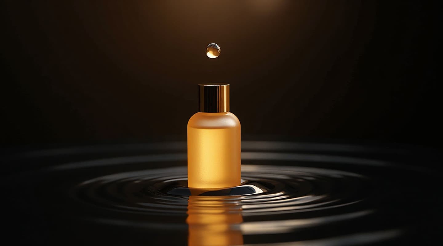 AI key visual botol serum frosted amber tanpa label dengan tutup emas di atas air hitam beriak dan tetesan menggantung — produksi pipeline AI Mooilux