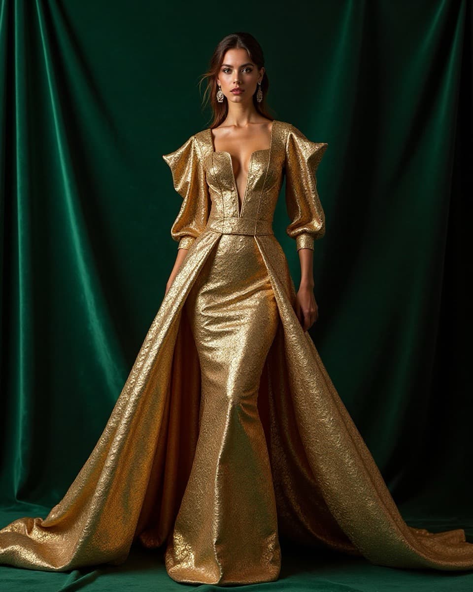 AI key visual couture gaun emas mewah dengan latar velvet hijau zamrud — produksi pipeline AI Mooilux