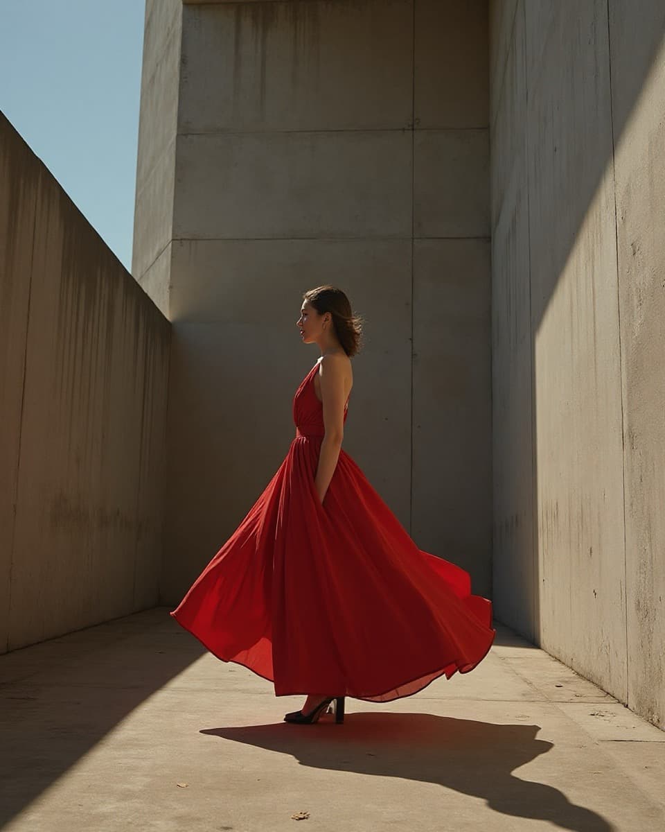 AI key visual editorial gaun merah dengan latar arsitektur brutalist — produksi pipeline AI Mooilux
