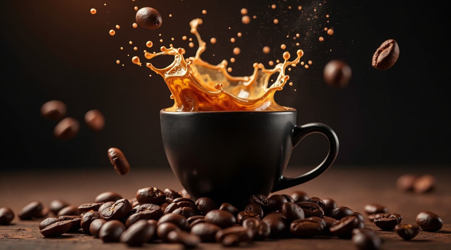 AI key visual splash espresso dari cangkir hitam dengan biji kopi beterbangan di latar gelap — produksi pipeline AI Mooilux