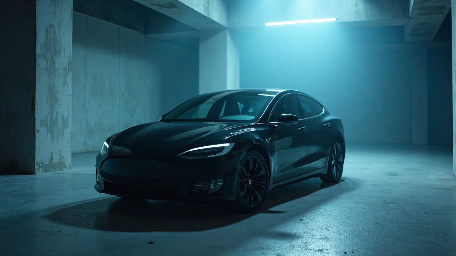Sedan listrik hitam mengkilap di studio beton brutalist dengan rim light cyan dan kabut tipis